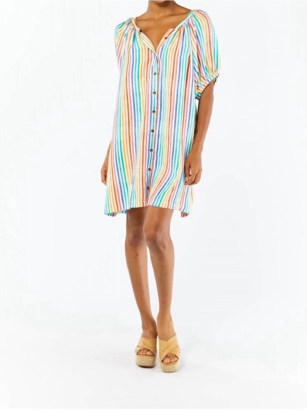 NWT Smith & Quinn Josie Rainbow Stripe Pastel Button Front Coastal Dress SZ M